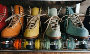 Closeup of leather roller skates