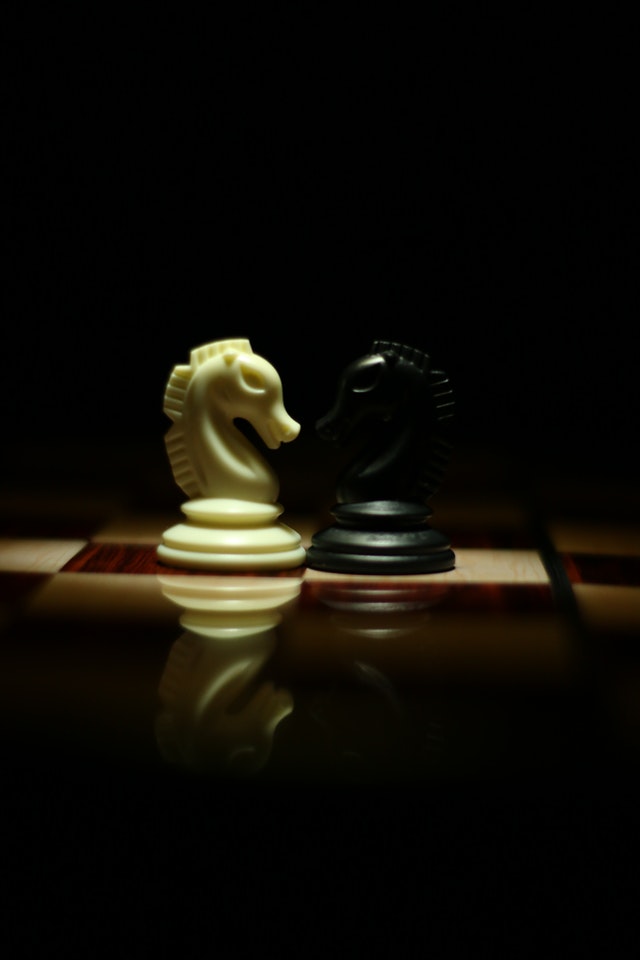 Black and white knight chess pieces facing each other on chess board
